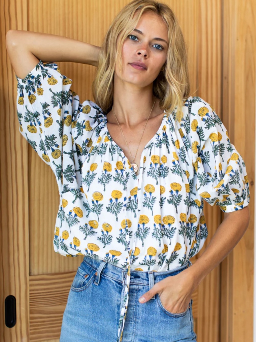 Emerson Fry India Collection White Big Marigolds Cotton Lucy Blouse Top Sz. XS